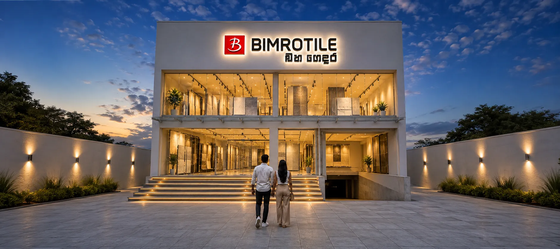 Bimro Tile showroom exterior at dusk